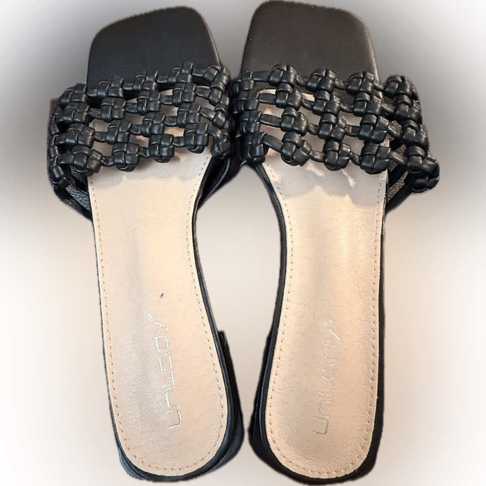 Unilady Elegant Black Flats Size 9 Braided French Knot Sandals Slides